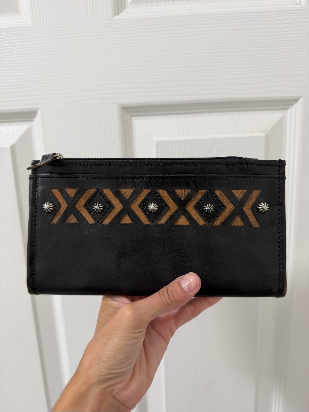 Black Zip Wallet with Brown Geometric Inlay american west genuine leather